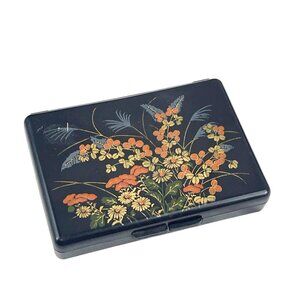 Vintage Black Lacquered Floral Compact Hong Kong With Mirror For Jewelry Trinket